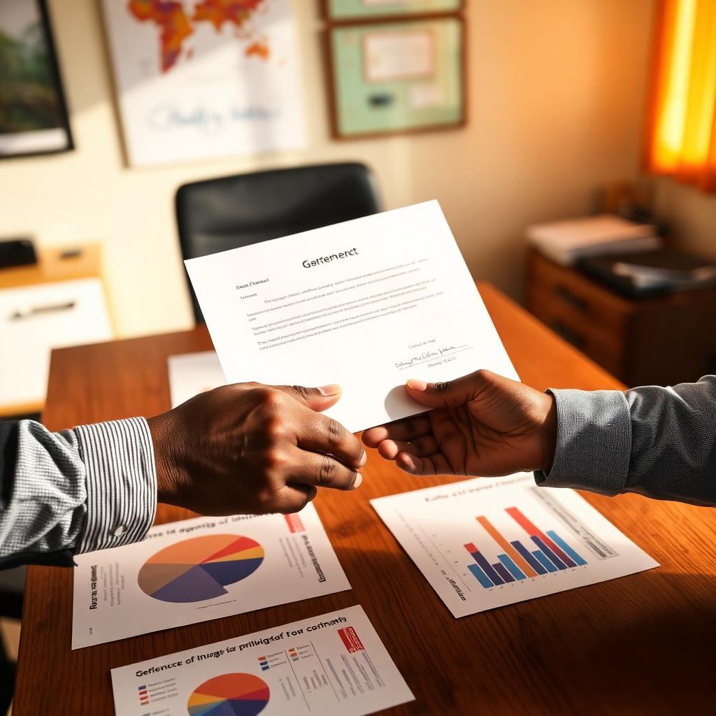 Hands exchanging a signed grant agreement over charts showing impact metrics
