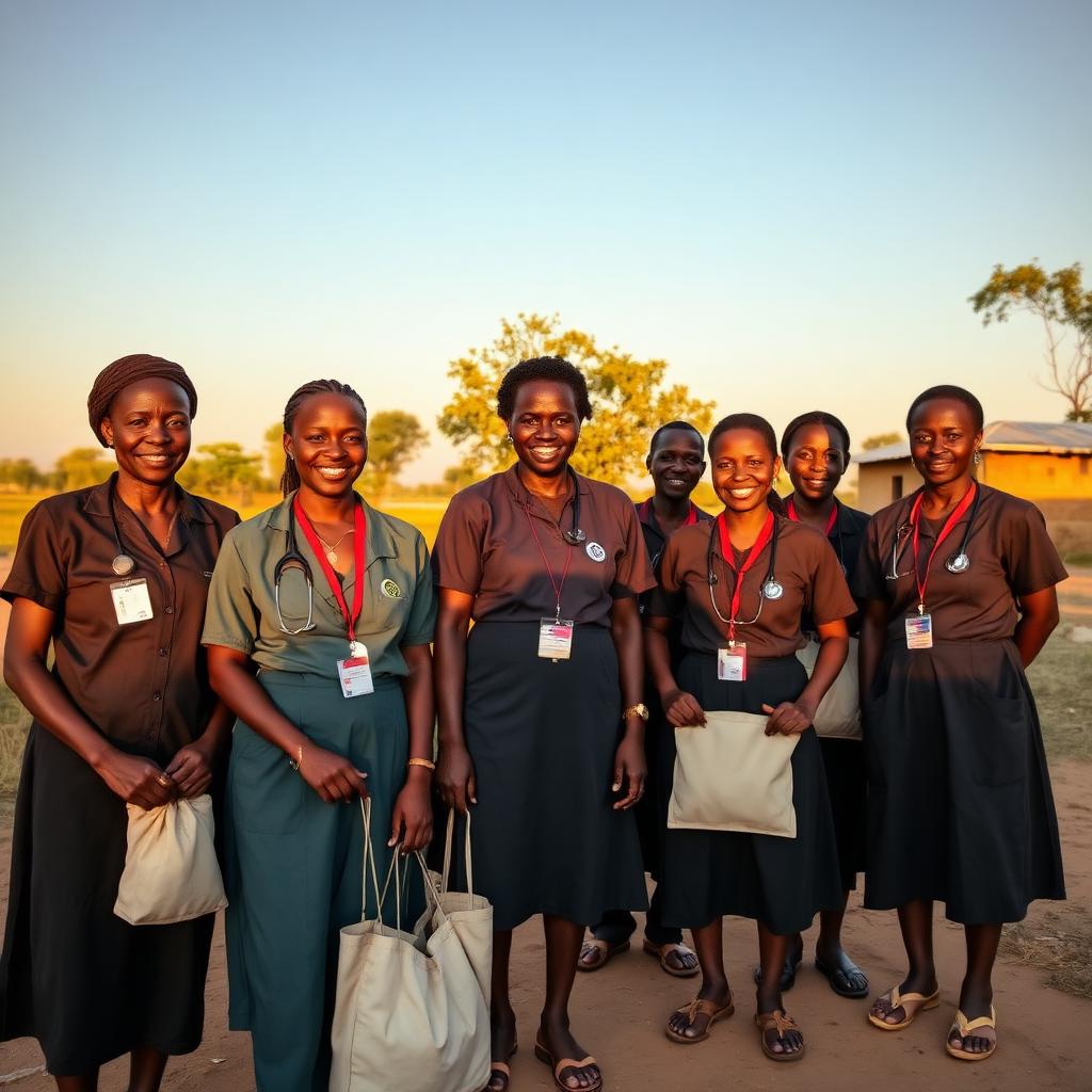 Group of South Sudanese community health workers and nurses standing together outdoors
