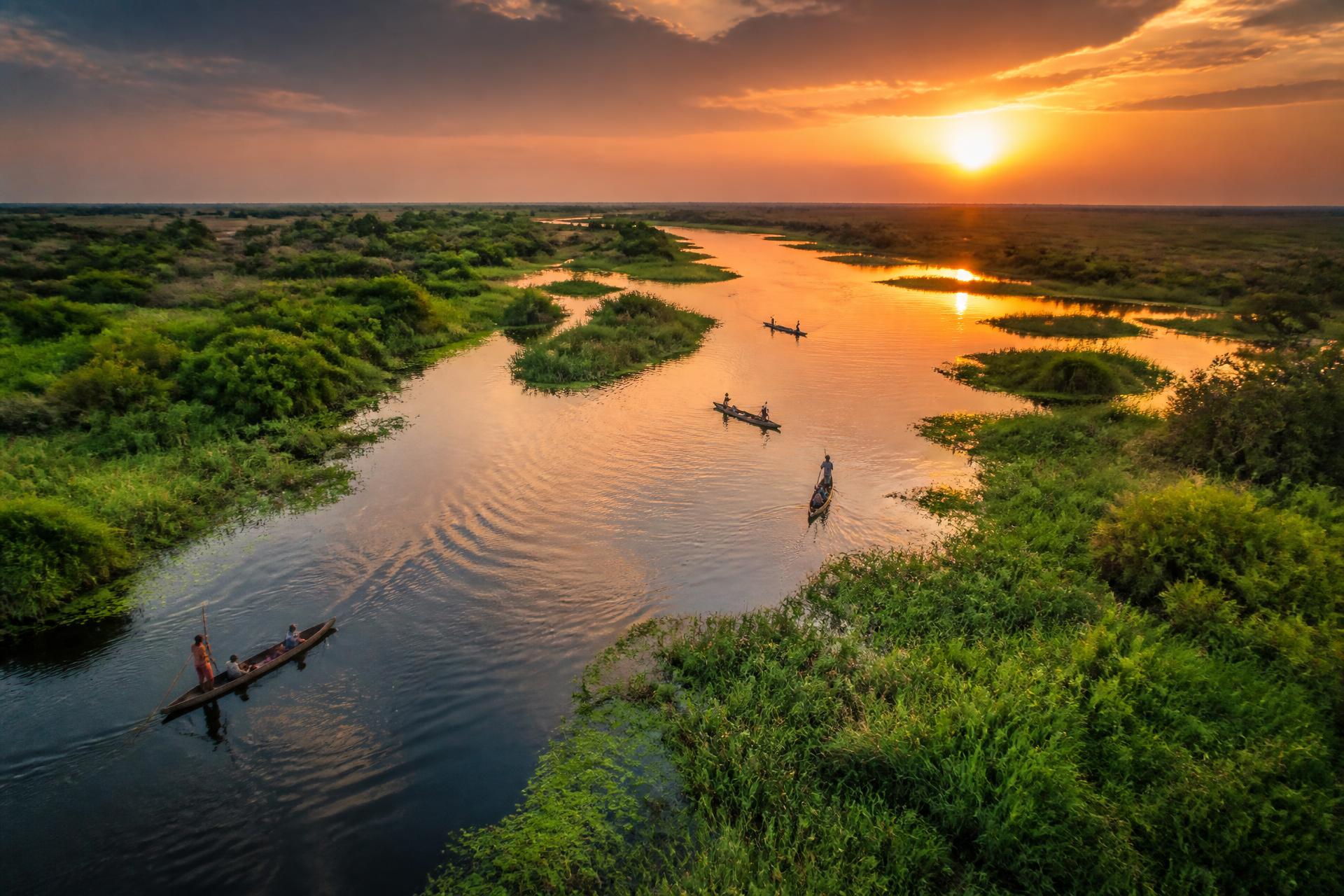 Aerial view of the White Nile flowing through South Sudan at sunset
