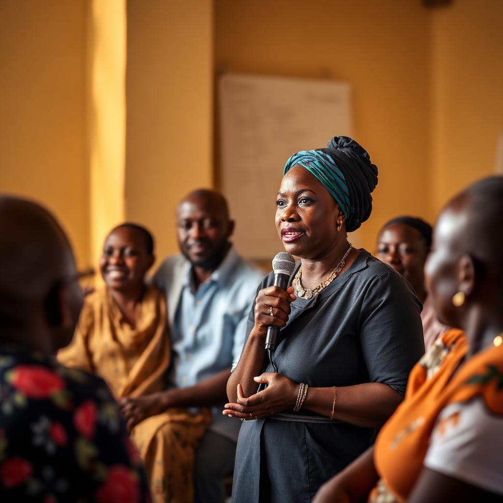 Patient advocate speaking at a community meeting with a microphone